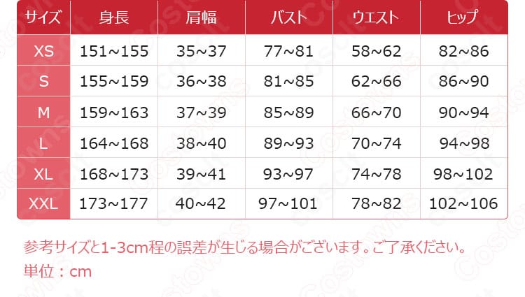 雪ミク 2024×三越コラボ衣装のサイズガイド。XS〜XXL対応で体型に合わせて選べる旨を示す図