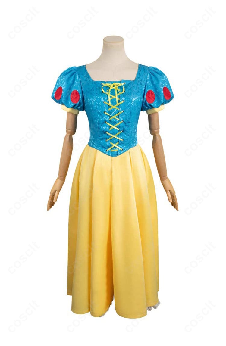 ディズニー『白雪姫』クラシックドレスの正面全体。ブルー身頃×イエロースカートと赤いカチューシャ、セット内容と高再現度が分かる商品画像