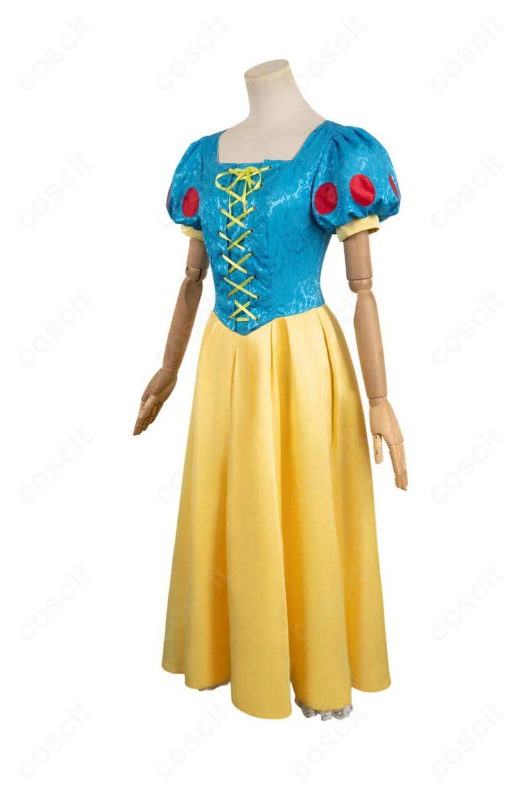 ディズニー『白雪姫』コスプレ衣装の左側面。ウエストラインから裾の広がりまで、全体バランスと質感を確認できる画像