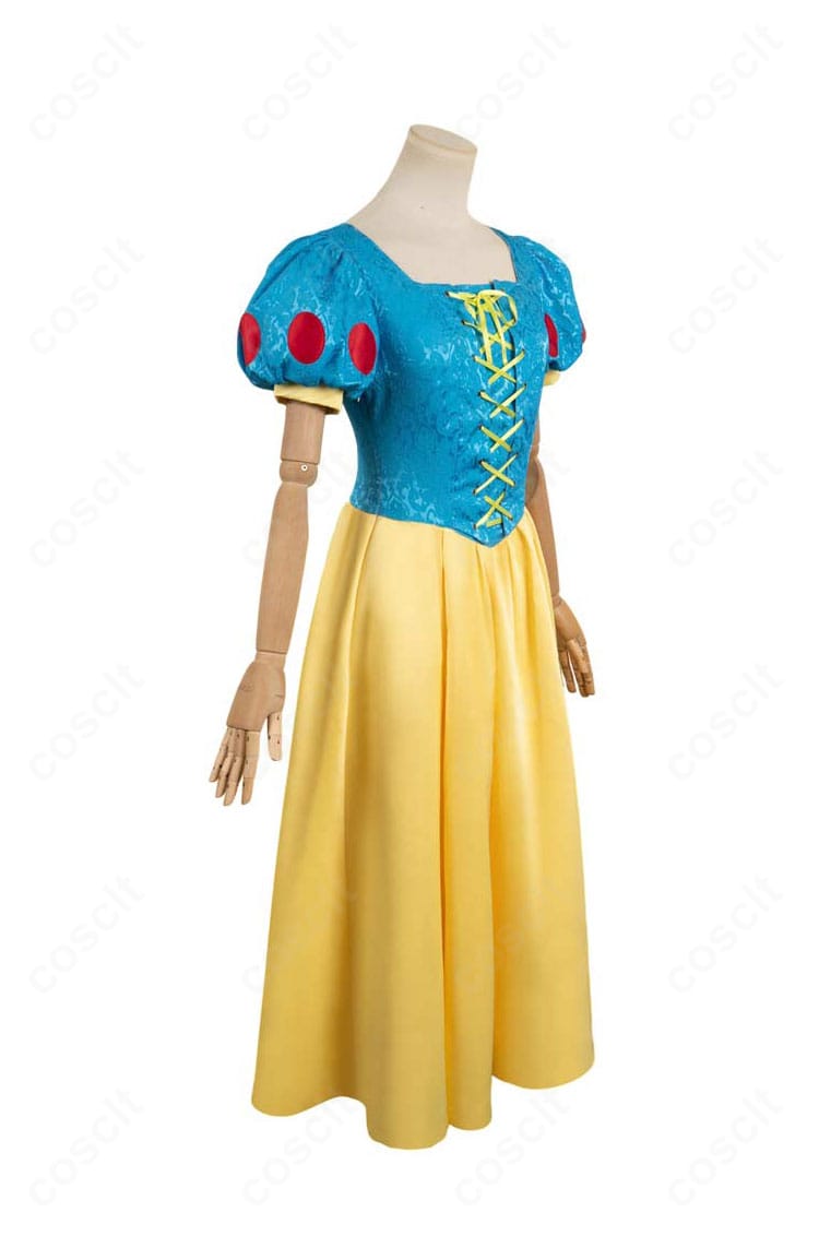 ディズニー『白雪姫』コスプレ衣装の右側面。袖の膨らみや刺繍ディテール、ハリのあるシルエットが見えるアングル