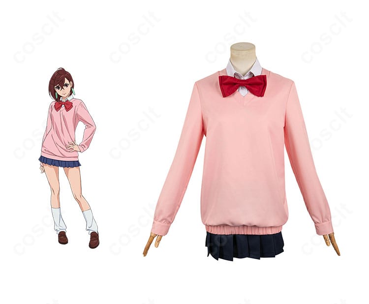 商品正面と綾瀬桃の学園制服コスプレ一式。ブレザー風トップスとプリーツスカートの全体バランスが確認できる画像。