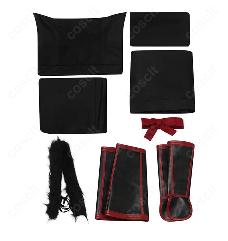 ダンジョン飯 イヅツミ 通常衣装のセット内容一式。トップス・ズボン・帯・帽子・レッグカバー・尻尾・マフラー・手鎧が揃う様子をレイアウト表示。