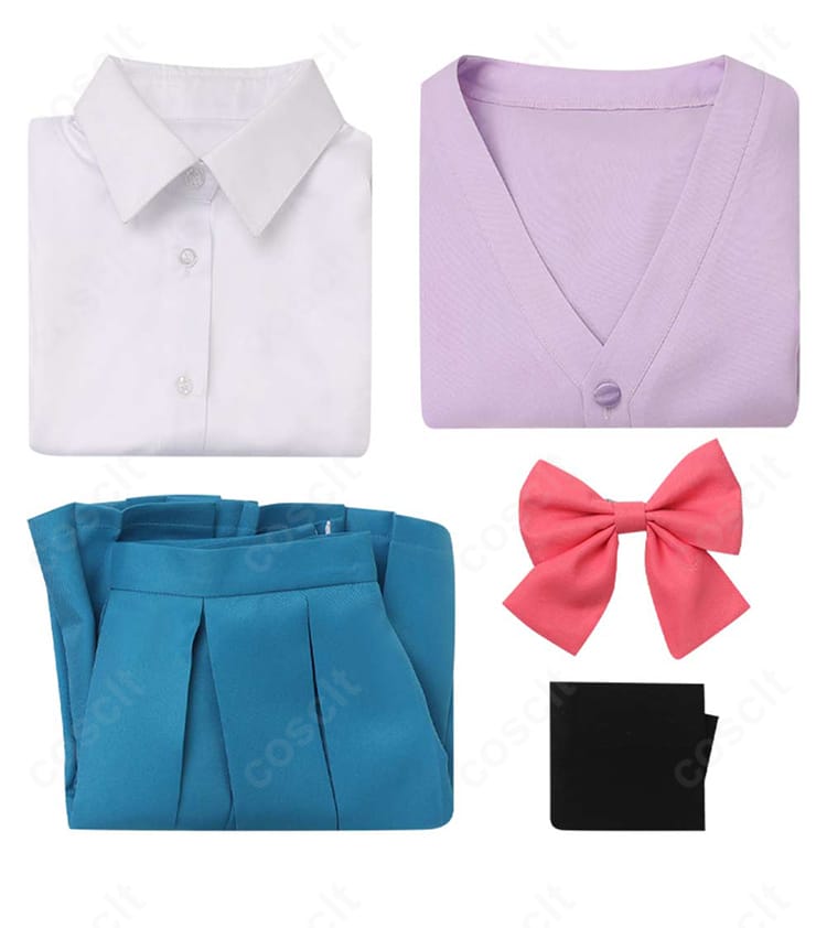 君に届け 胡桃沢梅コスプレ衣装のセット内容一式。コート・シャツ・スカート・スカーフ・靴下が揃った平置き写真。