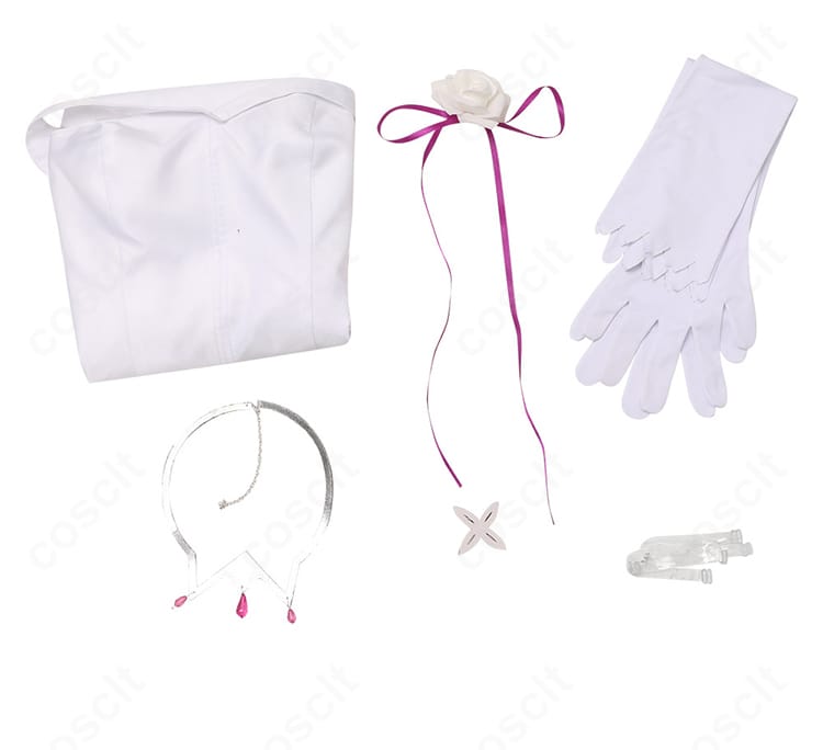 エミリア コスプレ衣装のセット内容一式。ワンピース、手袋、ネックレス、髪飾り、透明ストラップを並べた画像。