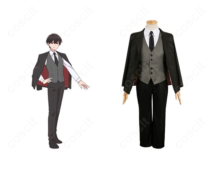 合コンに行ったら女がいなかった話 蘇芳 コスプレ衣装の正面とキャラクター比較。アニメ版スーツの配色とシルエットを高再現。