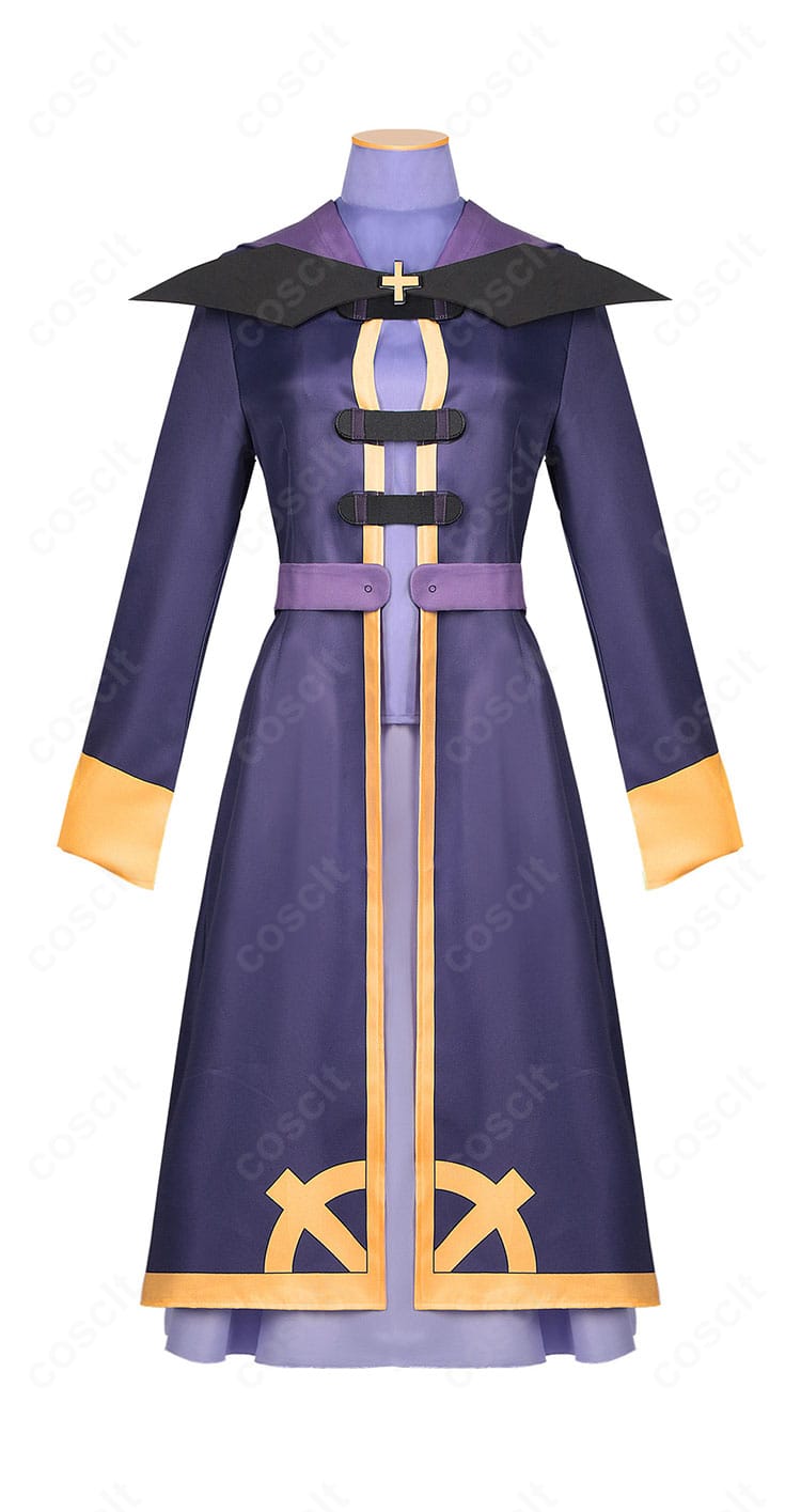 ウィズのコスプレ衣装（コート・インナー・スカート・胸飾り）の正面全体。高品質な生地感と縫製が分かる商品画像。