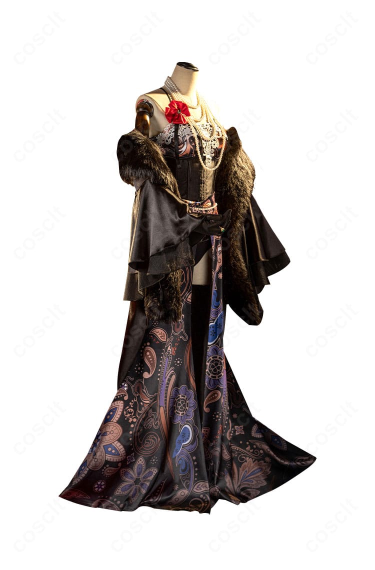 パール夫人コスのサイドビュー。ウエストラインとスカートのボリューム、手袋の装飾を詳細に撮影。