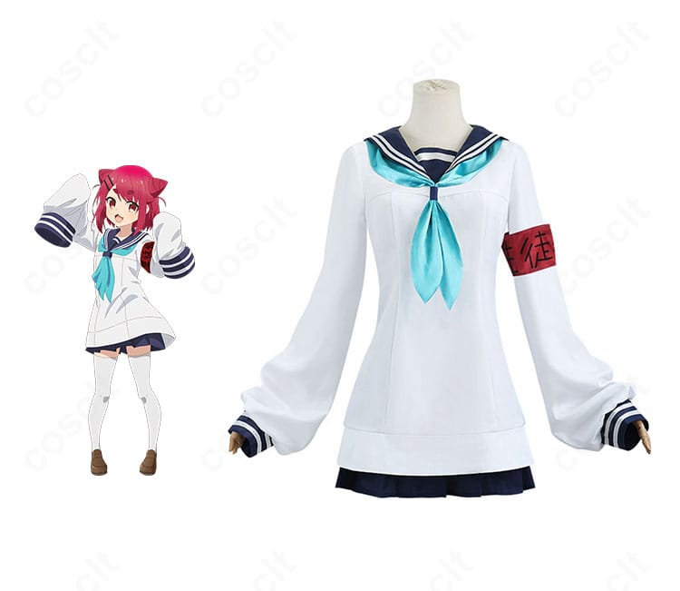 商品正面と猫山田根子のコスプレ衣装一式。蝶ネクタイとスカートのシルエットまで高再現で、学園テイストを忠実に表現。