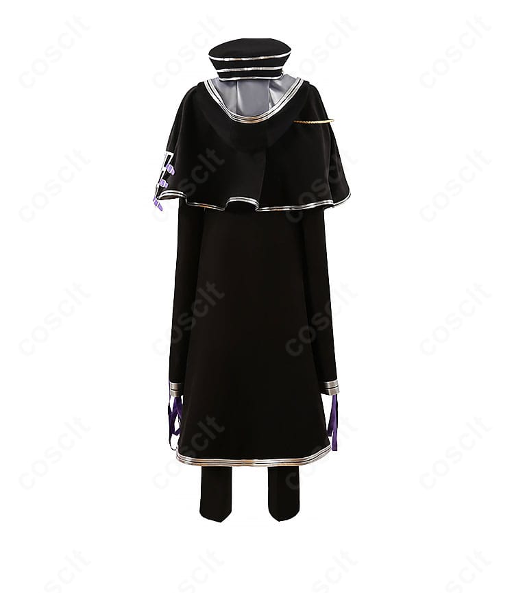 背面図。マントの広がりと背中の縫製ライン、固定位置が分かるカット。オーダーメイド対応にも触れる説明向け。