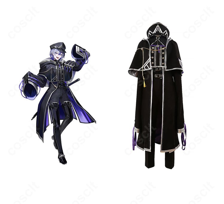 刀剣乱舞-ONLINE- 大慶直胤のコスプレ衣装とキャラクタービジュアルの比較ショット。マントと軍装風上着の再現度が分かる正面写真。