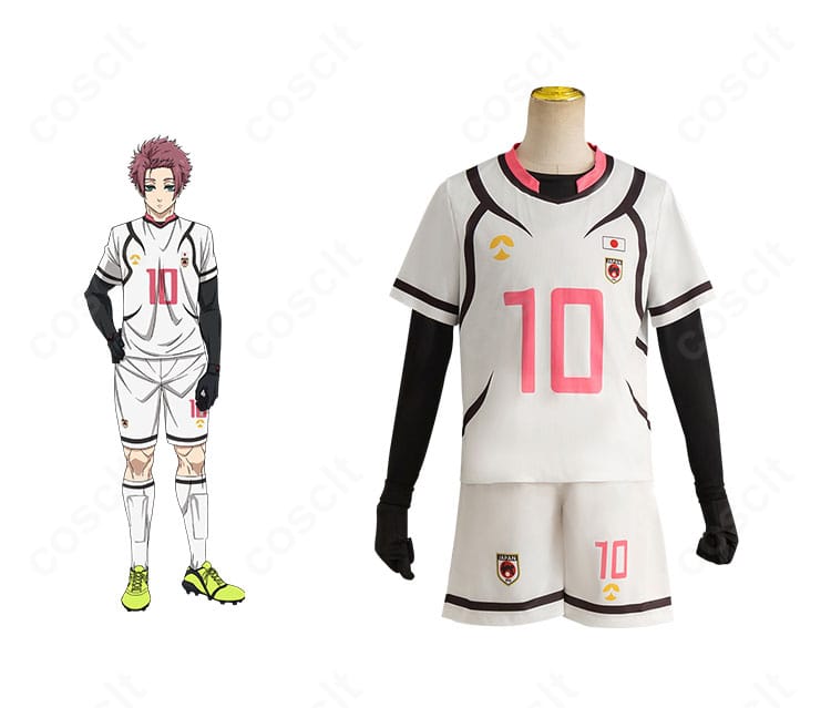 商品の正面と糸師冴U-20日本代表ユニフォーム一式。ブルーロックのサッカーコスプレ衣装をトータルで確認できる画像。