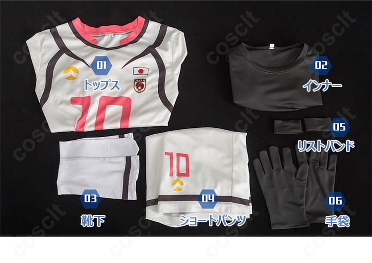 セット内容一覧。トップス、インナー、ショートパンツ、靴下、リストバンド、手袋が揃うことを示す画像。