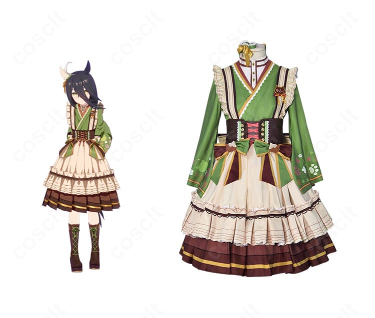 ウマ娘 プリティーダービー マンハッタンカフェのコスプレ衣装 正面全体とキャラクター参照画像の比較