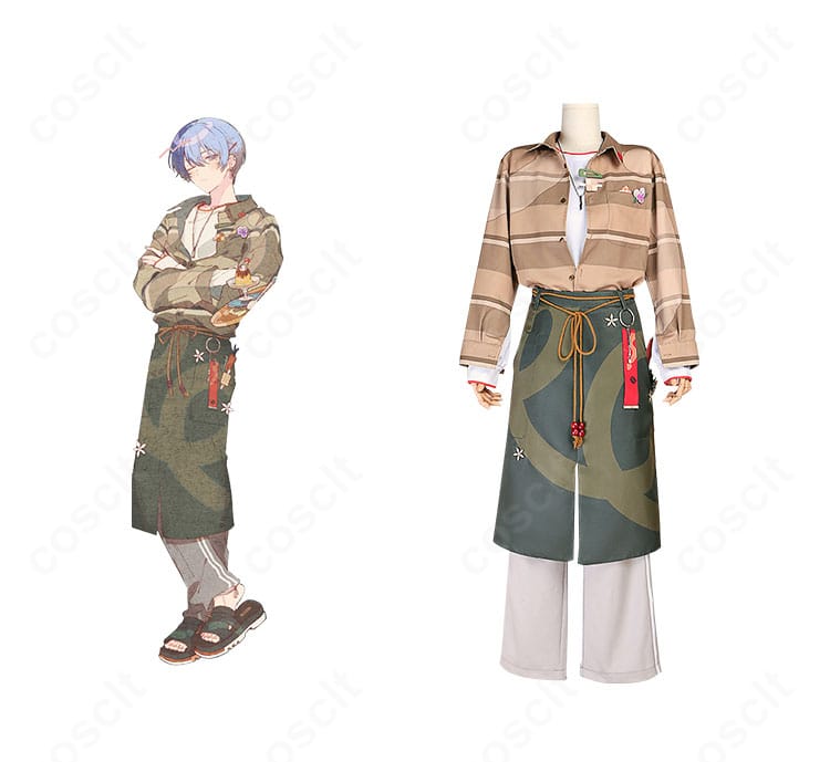 プロセカ 青柳冬弥 エイプリルフール 我らペガサス探検隊!衣装一式の全体像。トップスとエプロン、アクセの配置が分かる正面写真