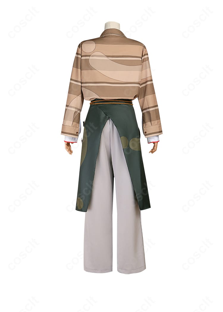 青柳冬弥 コスプレ衣装の背面。エプロンの結びと背面装飾、ヨークのディテールが見える写真