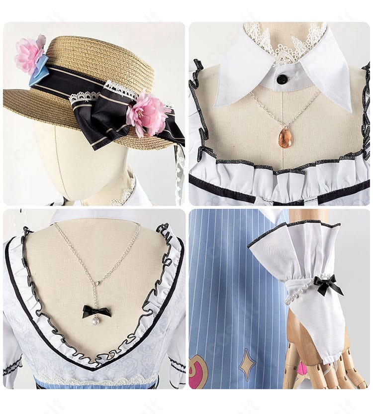 襟元・帽子・手首飾りのアップ。つけ襟とリボンの重なり、帽子の形状で雰囲気を引き立てる画像。