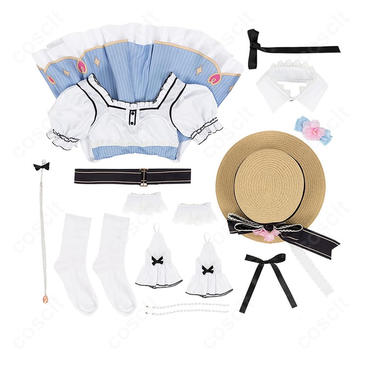 セット内容一式のレイアウト画像。帽子、髪飾り、ワンピース、つけ襟、リボン、アクセ、ベルト、靴下を確認可能。