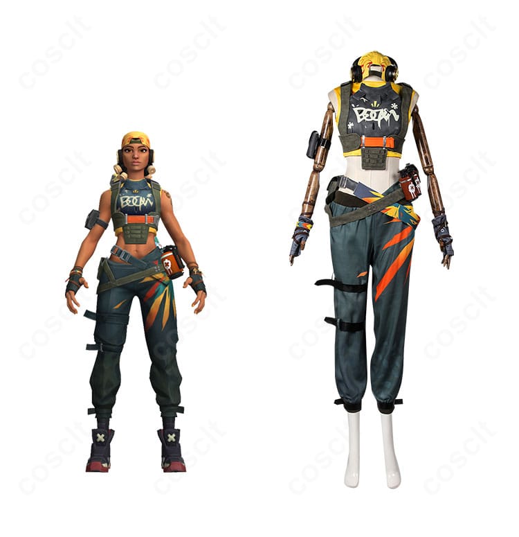 レイズのキャラクターと商品正面を並置したコスプレ衣装全景。ヴァロラントの標準コスチュームを高再現。