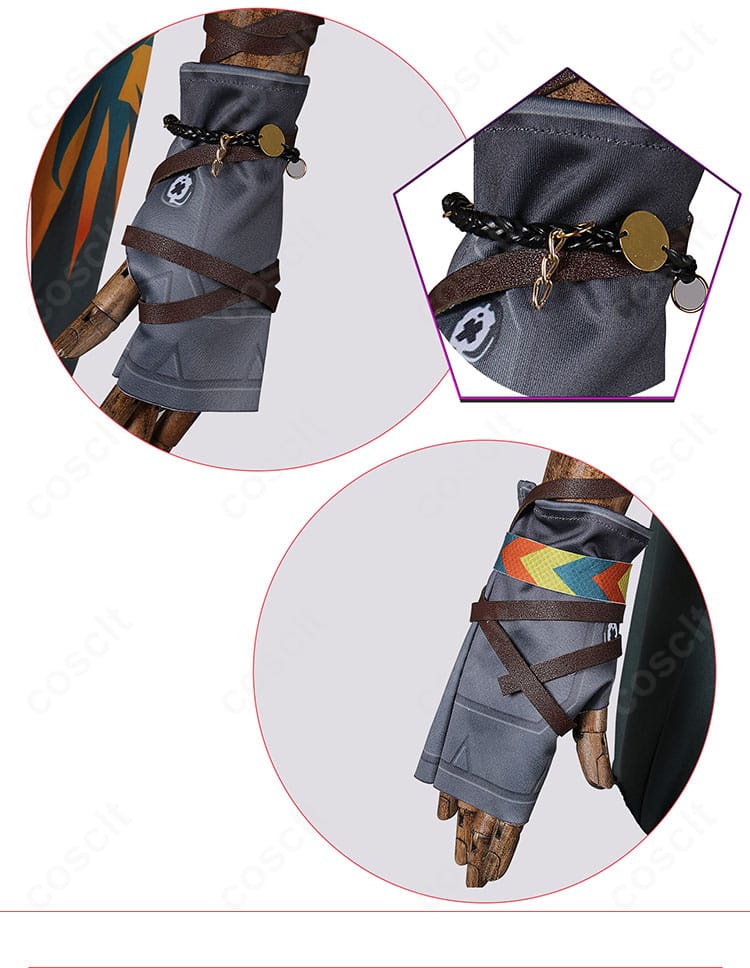 手袋の装飾詳細。掌側の切替とステッチで機能的デザインを再現。