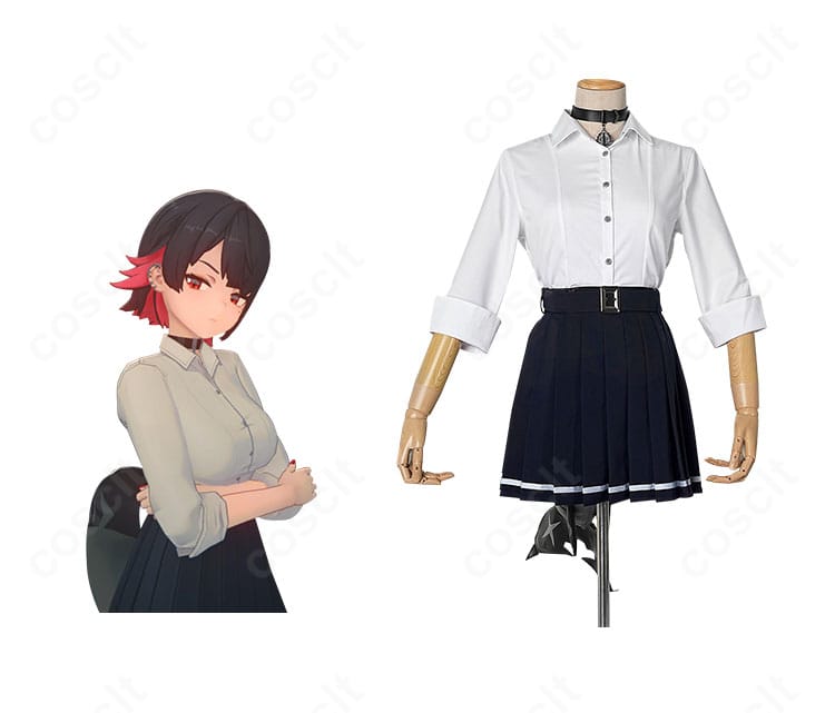 ゼンレスゾーンゼロ エレン・ジョー 制服コスプレの正面とキャラ比較。高再現デザインでシルエットを忠実に表現。