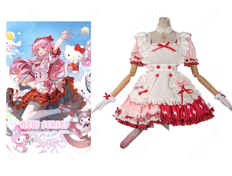 アークナイツ×サンリオキャラクターズ ゴールデングロー『レインボーティーパーティ』衣装の正面全身とキャラ比較。シルエットと配色の再現度が分かる画像。