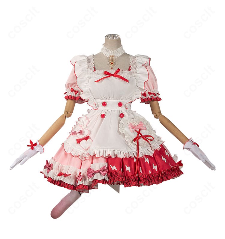 ゴールデングロー コスプレ衣装の正面アップ。エプロンとトリム、胸元装飾などレインボーティーパーティの意匠を細部まで確認できる写真。