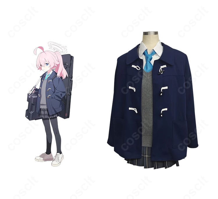 小鳥遊ホシノ 2年生制服コスプレ衣装の正面全体とキャラクター公式立ち絵の比較。配色とシルエットの一致が分かる解説画像。