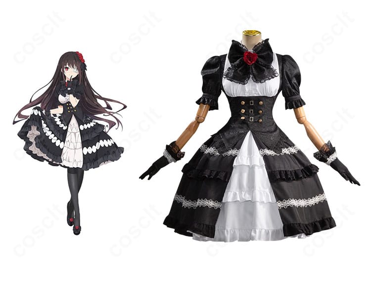 商品正面と時崎狂三の比較イメージ。黒×赤のアストラルドレスを再現したコスプレ衣装の全体像