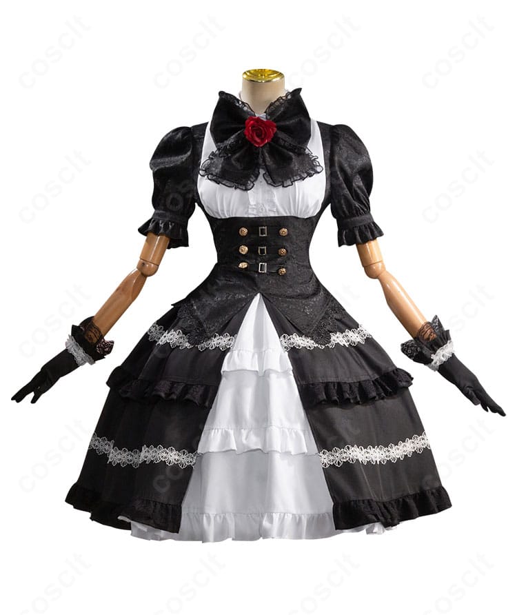 時崎狂三 コスプレ衣装の正面全景。フリルとリボンが映えるゴシックデザイン