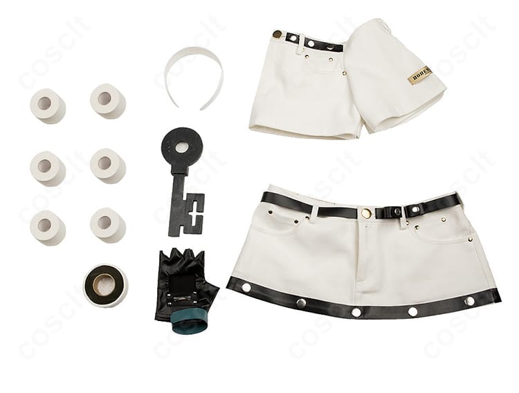 A.B.Aコスプレ衣装フルセット内容の一覧画像。トップス・ショートパンツ・カチューシャ・手袋・包帯・髪飾り・腰飾りを表示。