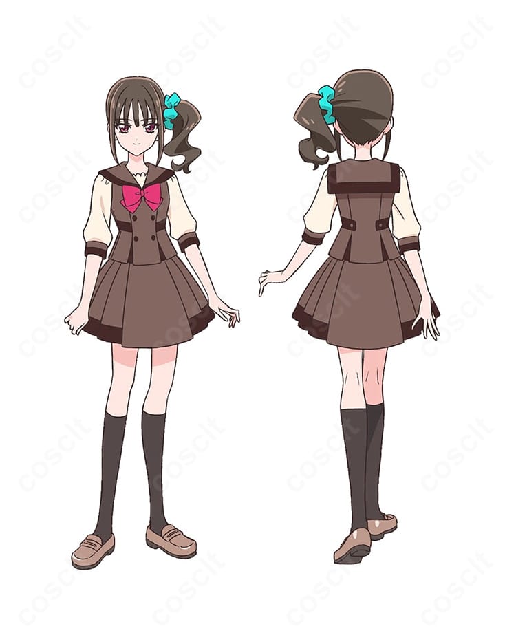 猫屋敷まゆの制服コスプレ一式を着用した正面カット。トップス・ベスト・スカート・スカーフで清楚な学園スタイルを高再現。落ち着いた色味ときれいなシルエットが特徴。