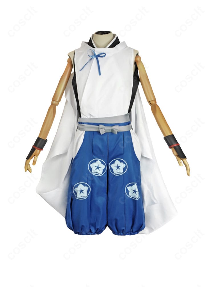 逃げ上手の若君 弧次郎 コスプレ衣装の正面図。トップスとズボン、帯のバランスや丈感が確認できるディスプレイ。