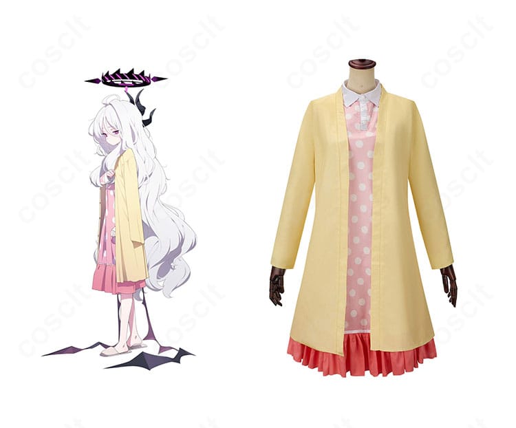 空崎ヒナ パジャマ衣装の正面とキャラクター比較。上品な配色とコート+ワンピースのレイヤーで世界観を忠実再現。