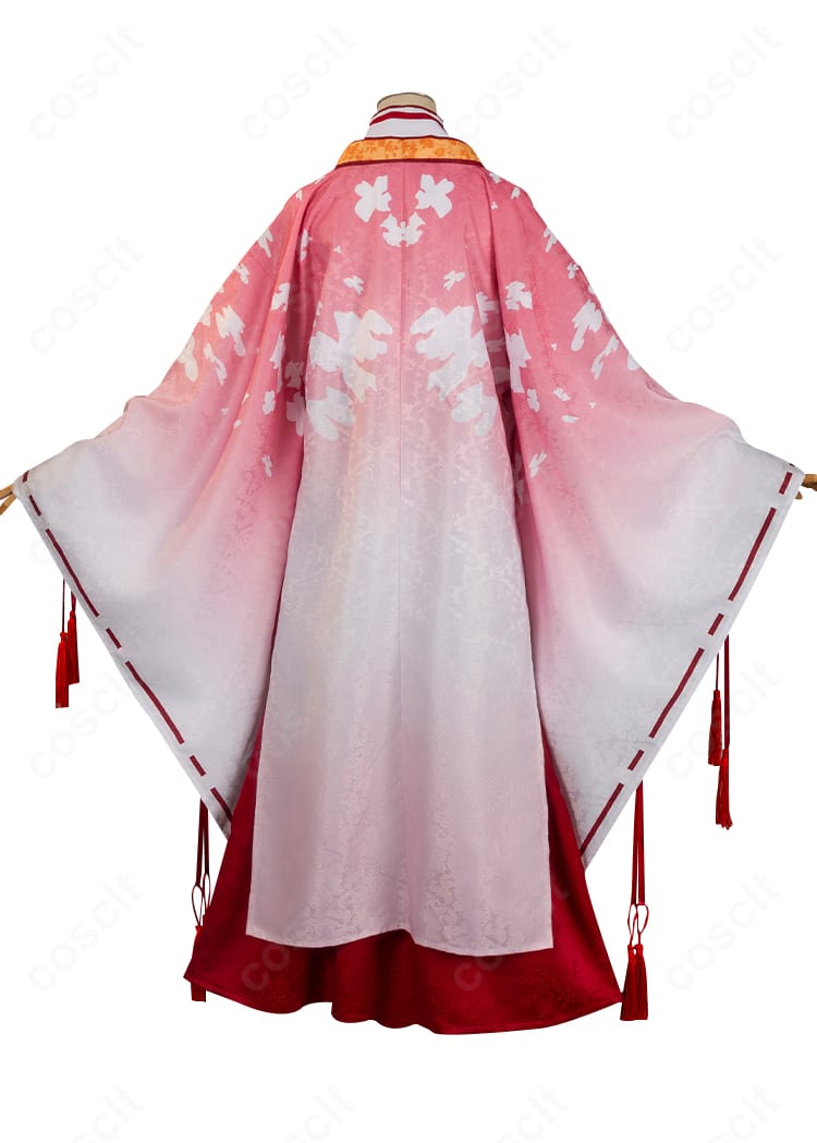 朝武芳乃 巫女姫様コスの背面。背中の留め具とリボン、裾の落ち感を表示。