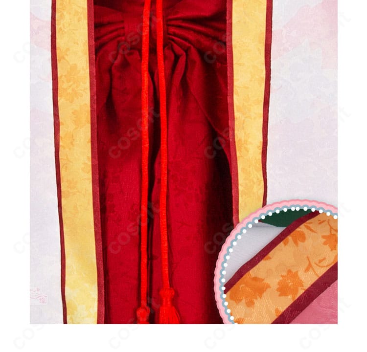 巫女姫様コスの襟元と腰部装飾。ネックラインとウエストのアクセントを対比。