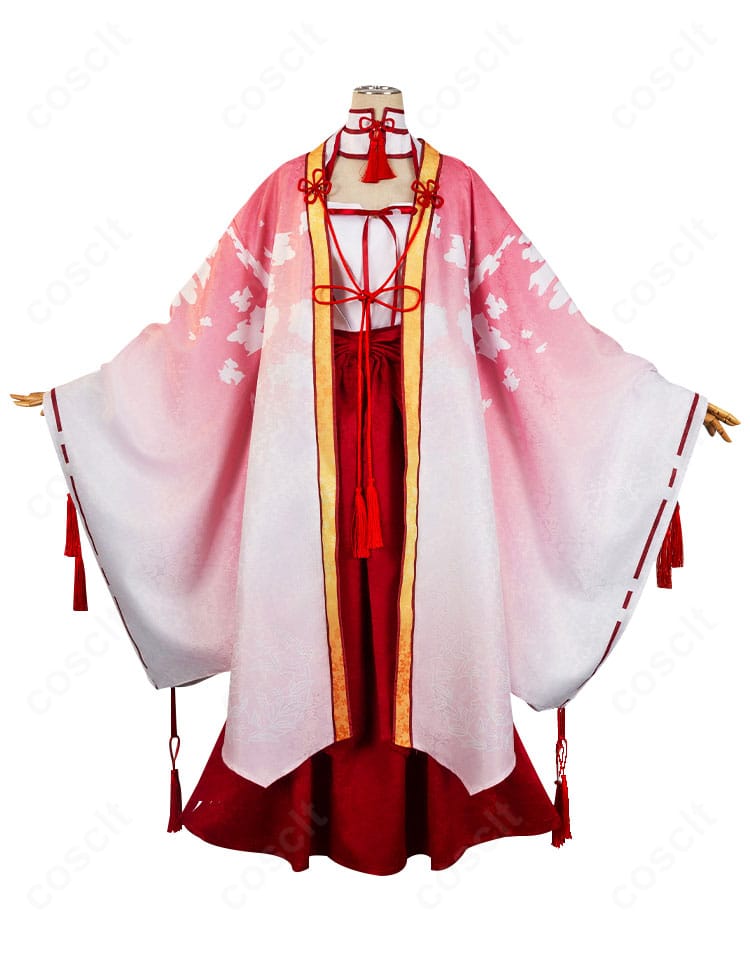 朝武芳乃 巫女姫様コスの正面スタイル。胸飾り・つけ襟・蝶結びの配置がわかる全身。