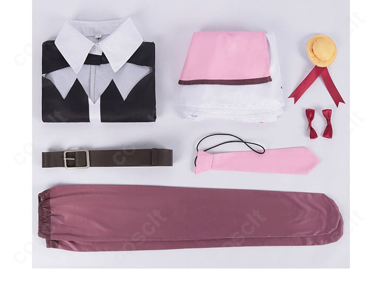 セット内容一覧。トップス、スカート、ネクタイ、蝶結び、髪飾り、ベルトが一目で分かる構成写真。