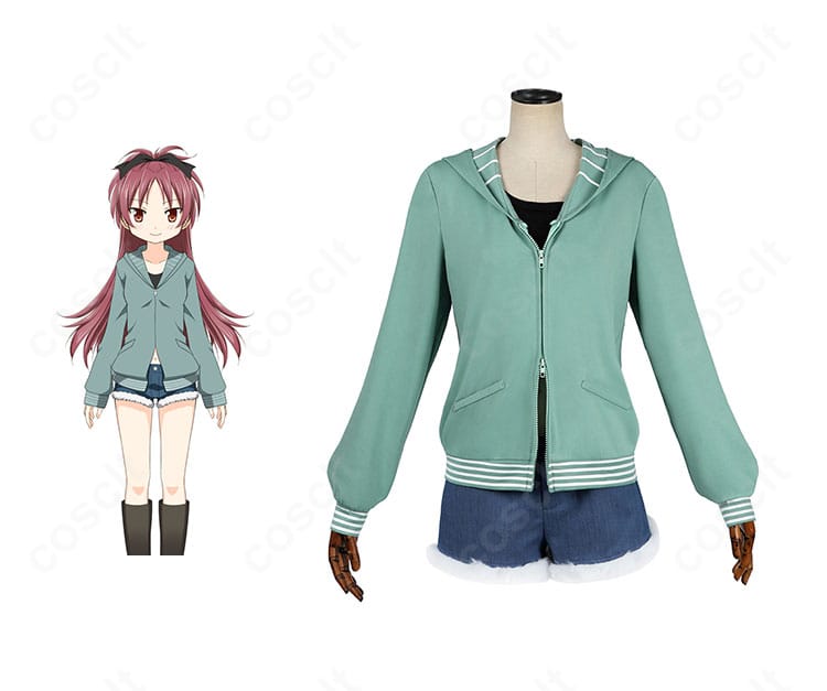 魔法少女まどか☆マギカ 佐倉杏子の私服コスプレ一式とキャラクターイメージの合成。赤系トーンとカジュアル感が伝わる雰囲気カット。