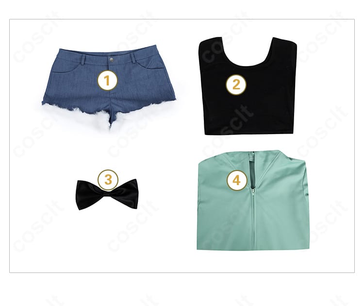 セット内容の平置き画像。コート、トップス、ショートパンツ、髪飾りの4点が揃うことを示す確認用カット。