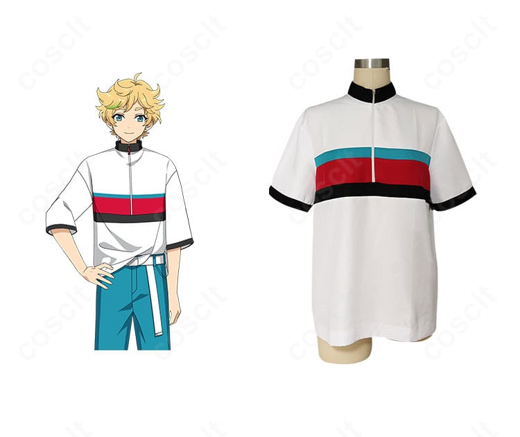 あんさんぶるスターズ！！ 春川宙 私服（春～夏）コスプレ衣装の正面一式とキャラクタービジュアルを並置。配色とシルエットの再現点が分かる詳細な正面図。