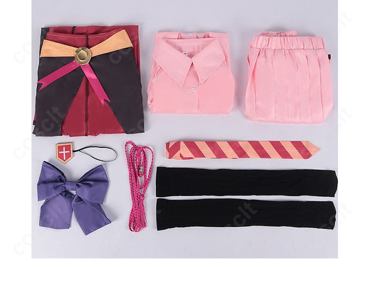 『この素晴らしい世界に祝福を！』あるえコスプレ一式の平置き。コート、シャツ、スカート、ネクタイ、蝶結び、眼帯、靴下のセット内容。