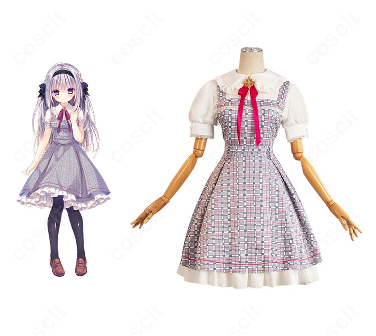 商品正面。本庄真奈美/神崎愛実イメージの学園制服コスプレ衣装をトルソー着用で撮影。清楚な配色とサロペットのラインが分かる正面全景。