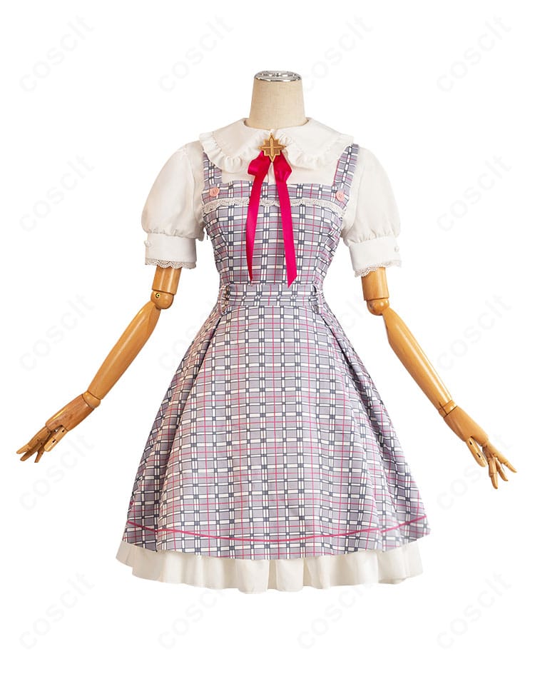 正面図。真愛の百合は赤く染まるの制服イメージを忠実に再現したサロペットスカートとシャツ、リボンのバランスを確認できる画像。