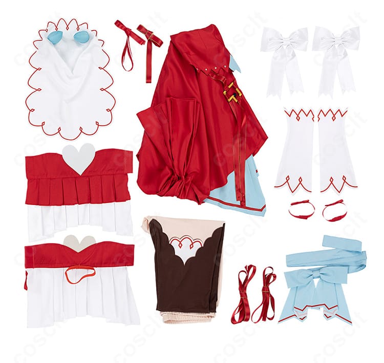 スティルインラブ 勝負服コスプレ衣装のセット内容一覧。ワンピース、髪飾り、袖、アームカバー、手首飾り、帯、タイツ、ストラップ、蝶結び。