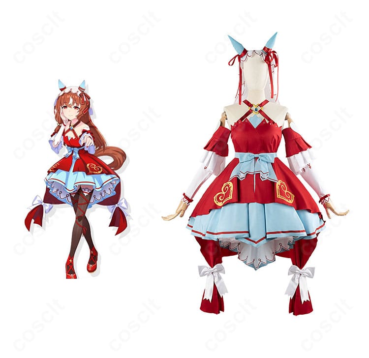 ウマ娘 プリティーダービー スティルインラブの勝負服コスプレ衣装。正面とキャラクター融合イメージで配色と装飾を詳細に確認可能。