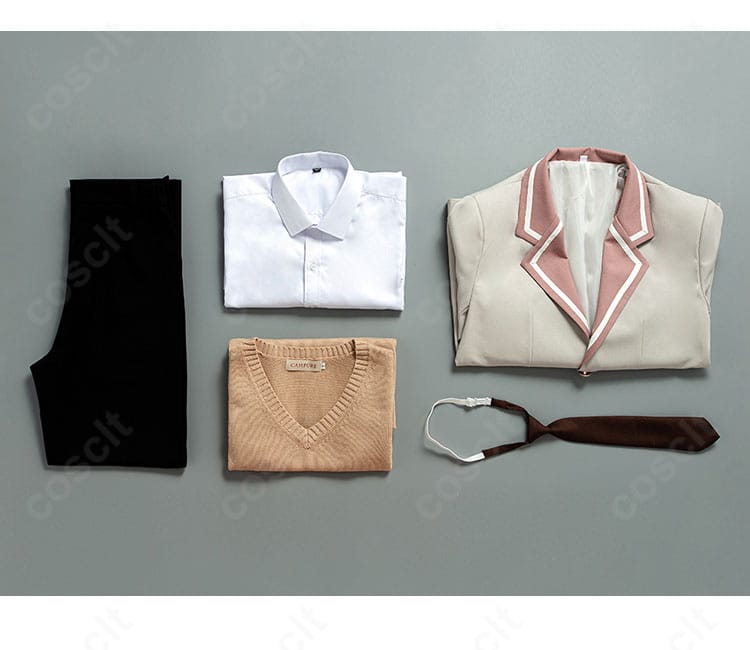 久世政近 学園制服コスプレのセット内容。ブレザー、シャツ、ベスト、ズボン、ネクタイの5点が一目で分かるレイアウト。