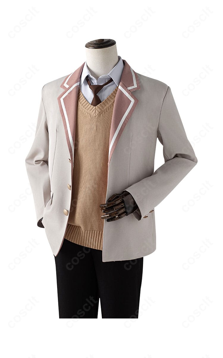 久世政近 制服コスのディテール。ネクタイ幅、シャツ襟型、ベストのVゾーンとボタン配置の精緻さを強調した接写。