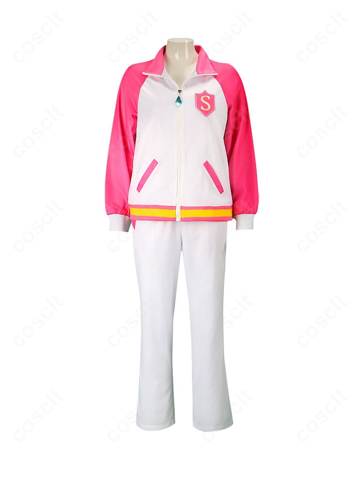 アイカツ! スクールジャージの正面全体。ピンク・水色・パープル・オレンジの4色展開が並ぶ比較画像。