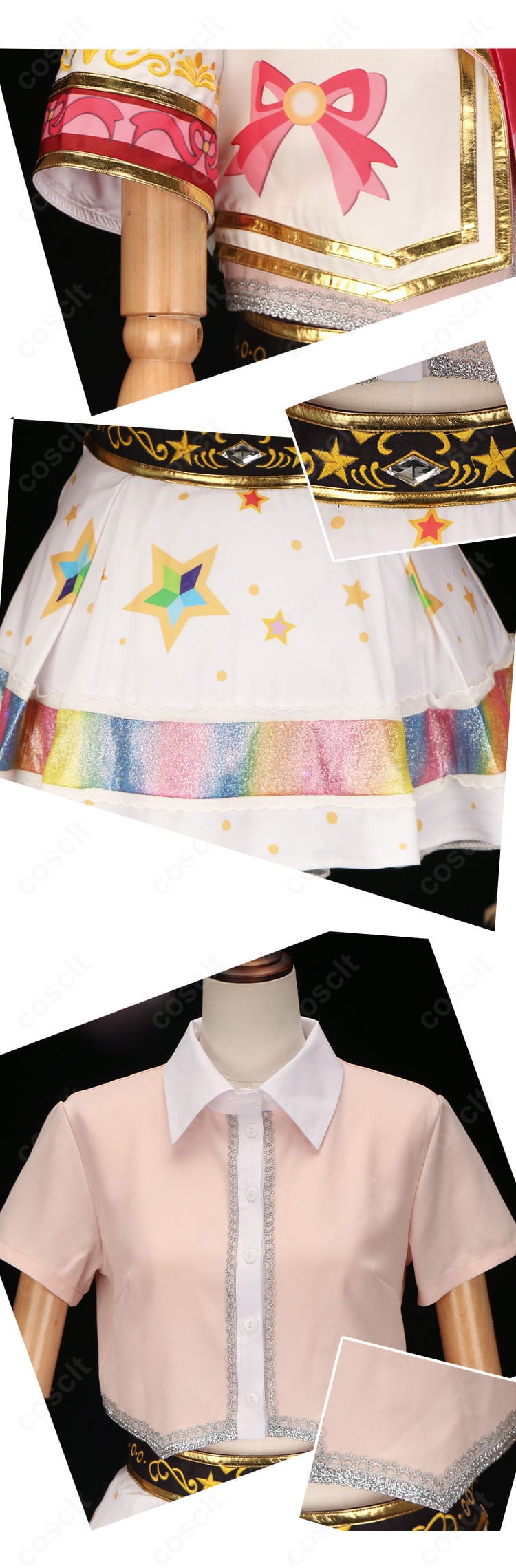 星宮いちご衣装の装飾アップ。胸元リボンとエンブレム風パーツ、縁取りの質感を強調