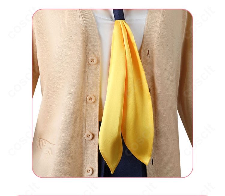 タイ(ネクタイ)装飾のアップ。特徴的なモチーフと結び目の形がキャラクター性を強調。